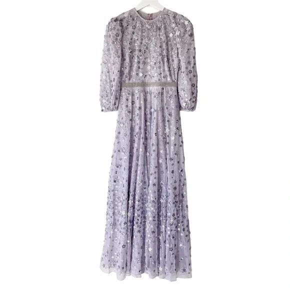 Mac Duggal 93805 Women‎ SZ 8 Floral Applique Puff Sleeve High Neck Gown Lavender - Picture 5 of 7